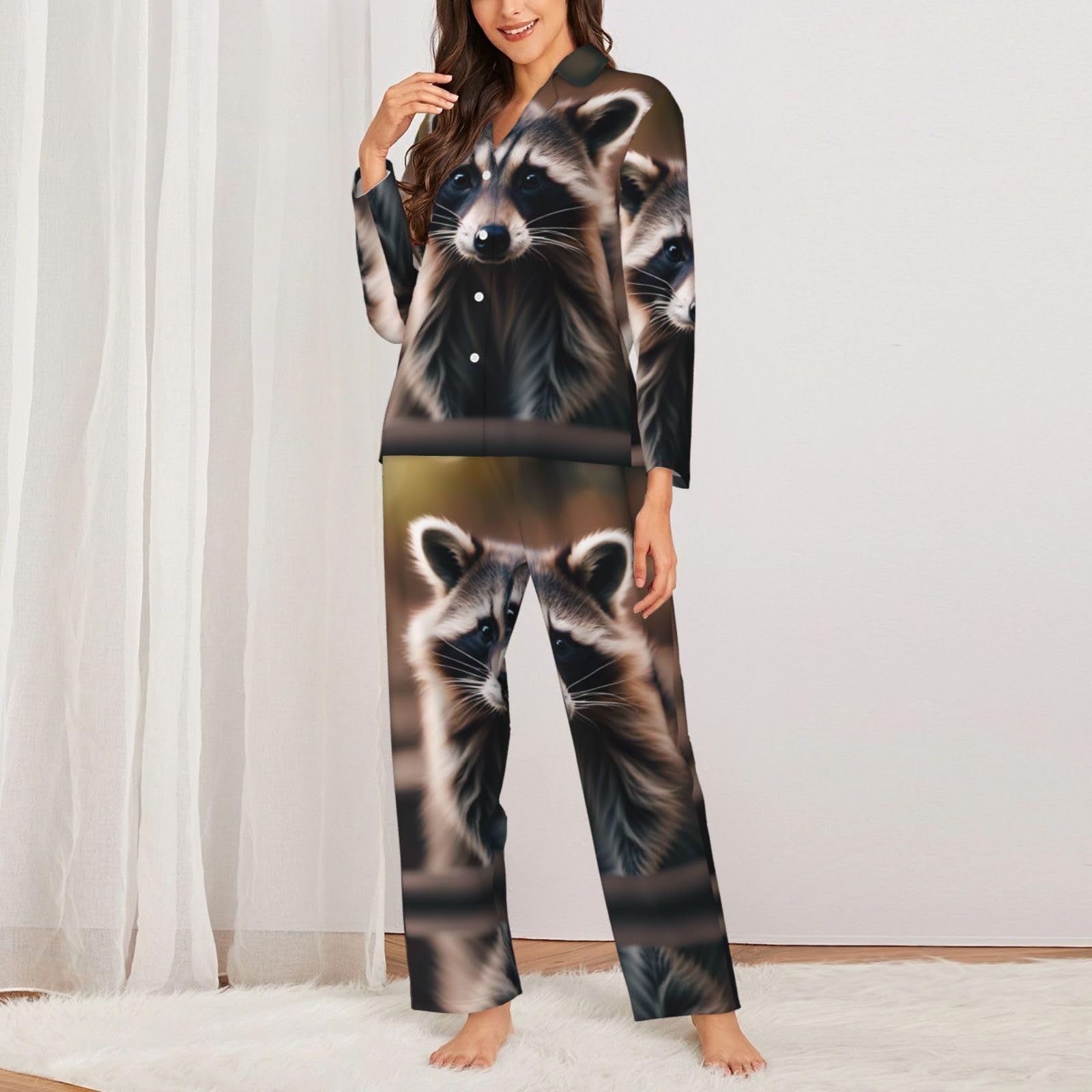 Cute Raccoon (1) Stampa Donne Manica Lunga Pigiama Set Giornaliero Lounge Sleepwear Due Pezzi Morbido Nightwear Wear