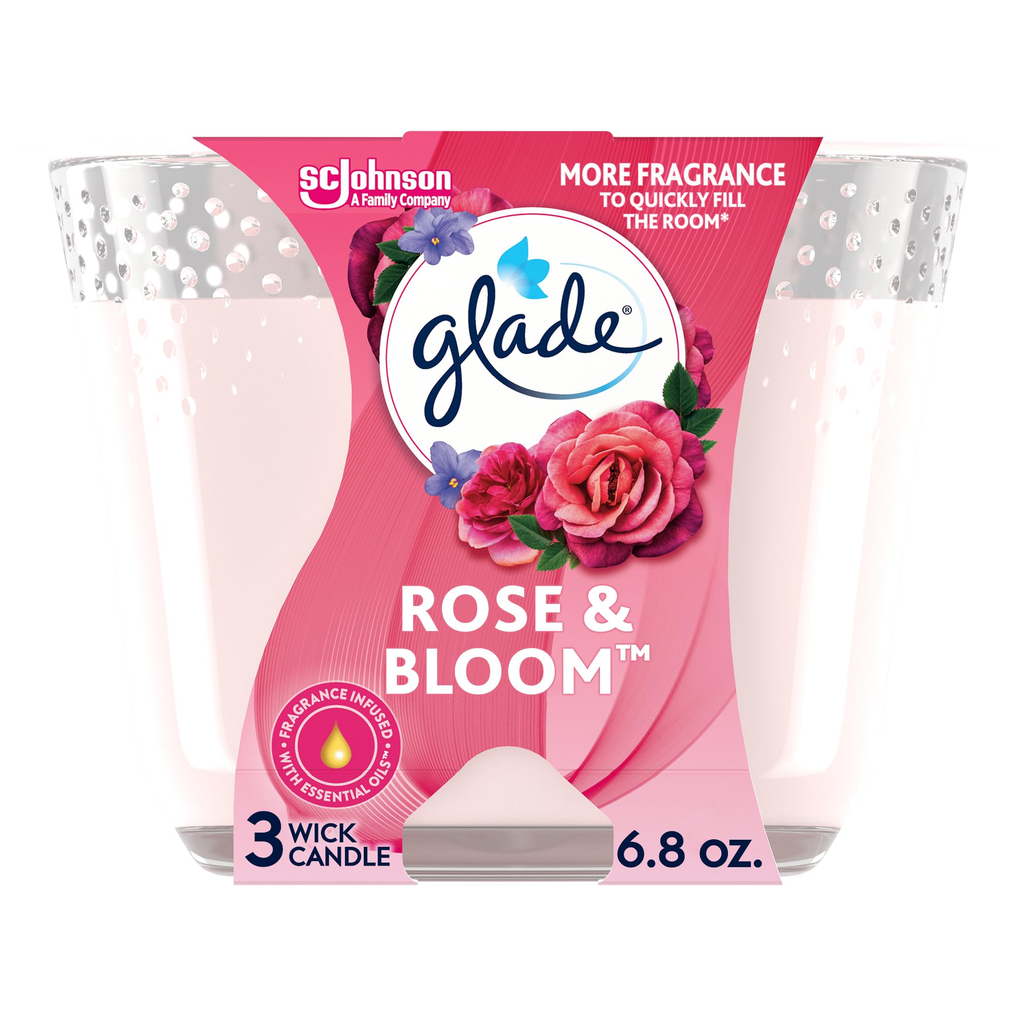 Glade Scented 3-Wick Candle Jar, Rose & Bloom, Fragrance Infused with Essential Oils, 6.8 oz