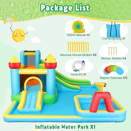 Miniatura 3 de AKEYDIY Parque inflable de tobogán acuático con piscina, pistola de agua, disparo de pelotas, pared de escalada, tobogán acuático inflable para