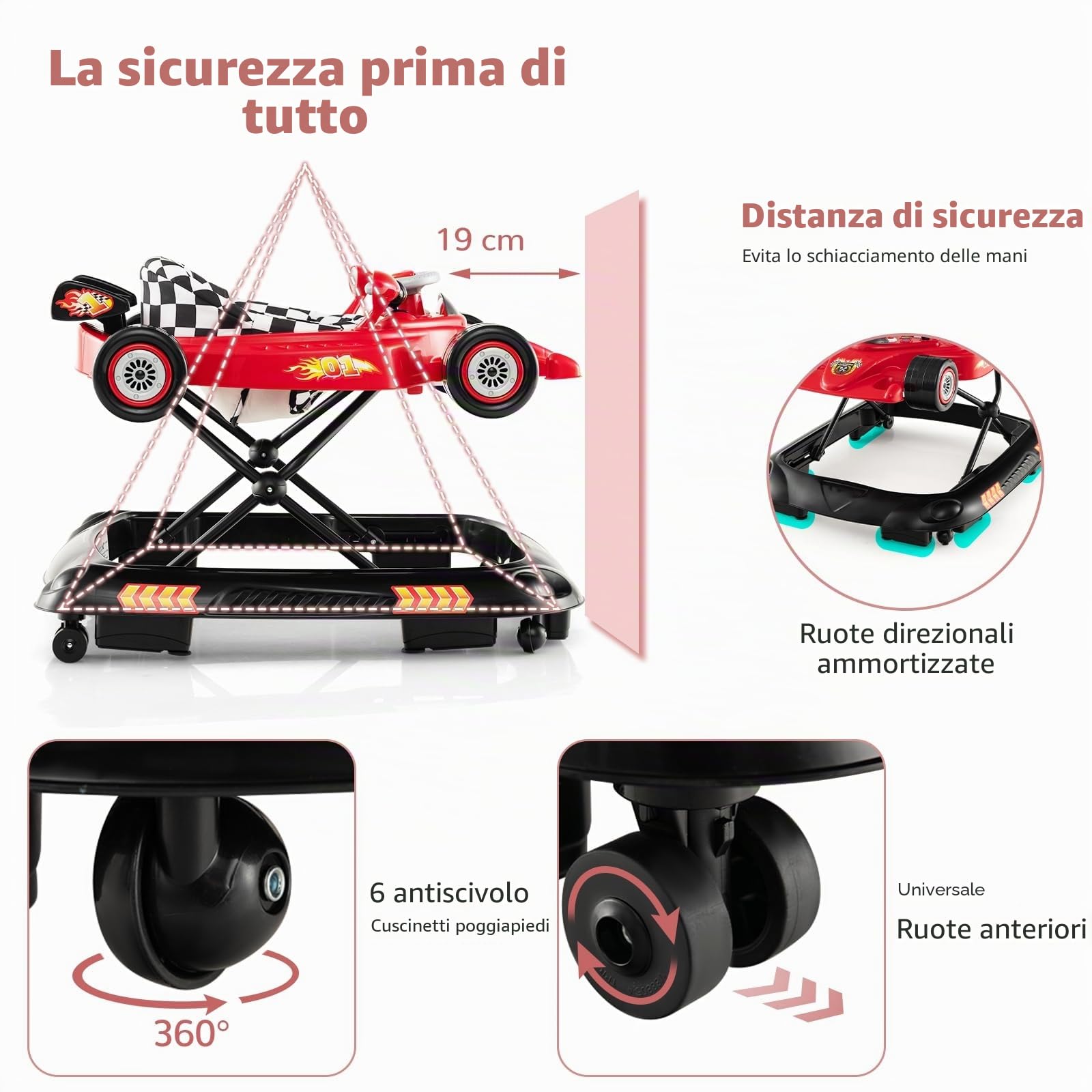 LIFEZEAL 4 in 1 Girello Neonato, Girello per Bambini Pieghevole, con 3 Altezze Regolabili, Giocattolo Rimovibile, Sedile Confortevole e Ruote, Portata 12 kg,Primi Passi per 6-14 Mesi