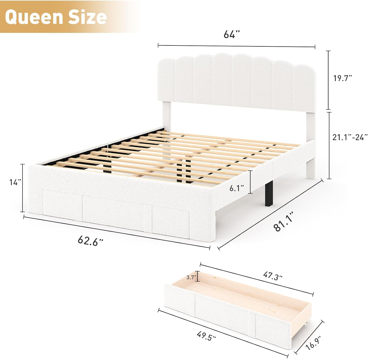 Bonzy Home Queen Bed Frame with Storage Drawers and Adjustable Headboard, Modern Bed Frame with White Light, Wooden Slats Support, No Box Spring Needed, Off White