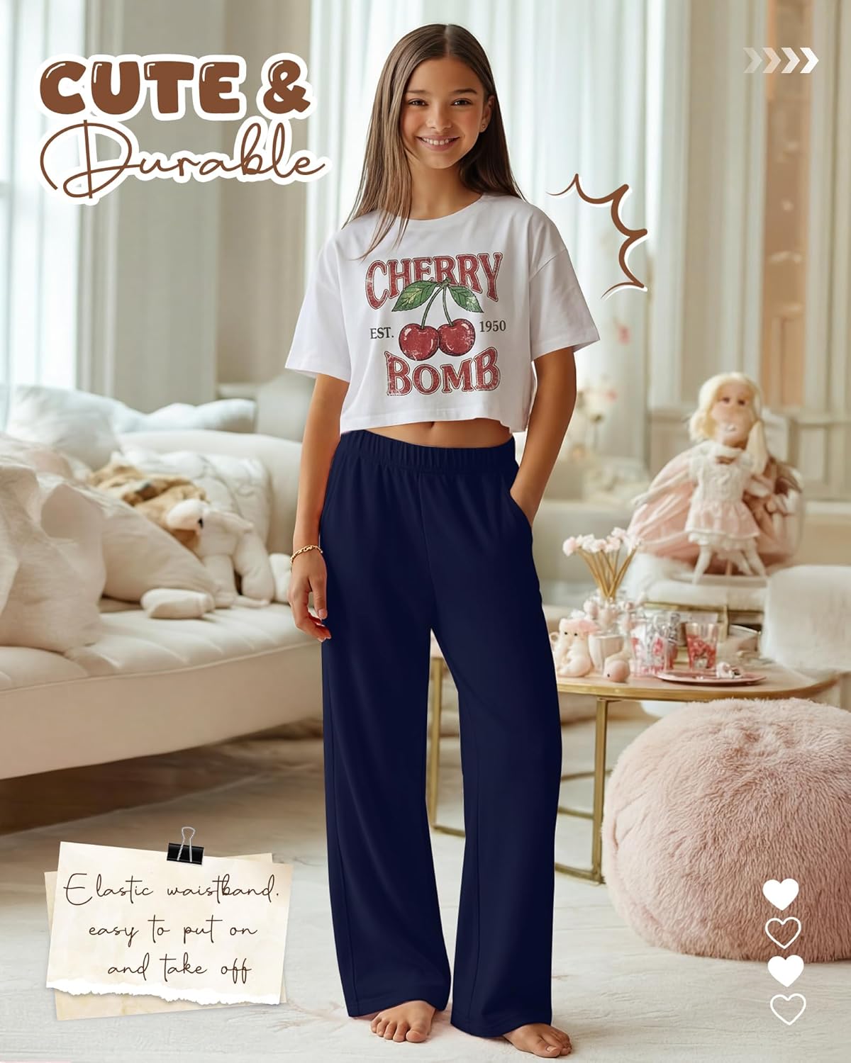 4 Pack Girls Straight Leg Pants 5-16 Years Lightweight Casual Loose Trousers Kids Baggy Soft Pants with Pockets