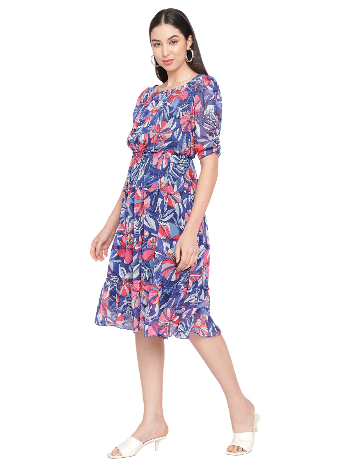 Shasmi Women's Blue Chiffon Solid Floral Sweetheart Neck A-Line Dress For Women (Dress 60 Blue S)