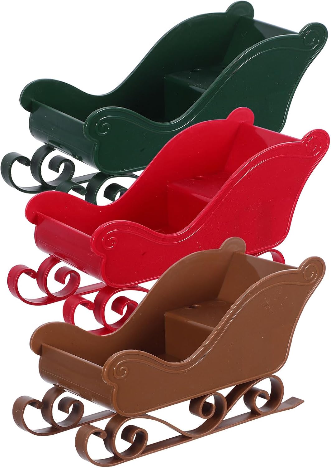LOGOFUN 3PCS Mini Christmas Sleigh Ornaments Miniature Xmas Sled Figurines for Home Tabletop Tree Party Decor - Red & Green & Brown