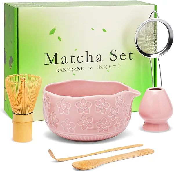 Matcha Whisk Set, Ceramic Matcha Set Includes Matcha Bowl, Matcha Whisk (Chasen) and Holder, Bamboo Scoop & Spoon, Sifter - 6 Pcs Matcha Kit for Matcha Lovers (Pink)