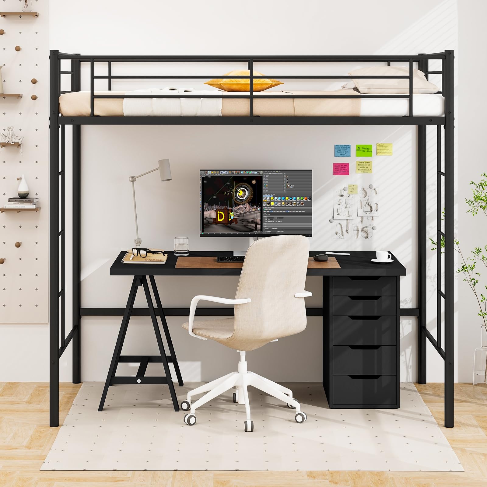 Multigot Loft Bunk Bed, 2 Ladders Metal High Sleeper with Safety Guardrail, Home Dormitory Apartment Single Bed Frame for Kids Teens Adults (Black)