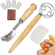 Bread Baking Tool Set for Homemade - 1 Stainless Steel Dough Whisk & 1 Scraper & 1 Lame Bread Slashing Tool Includes 5 Blades and Leather Protective Cover for Bread Baking DIY