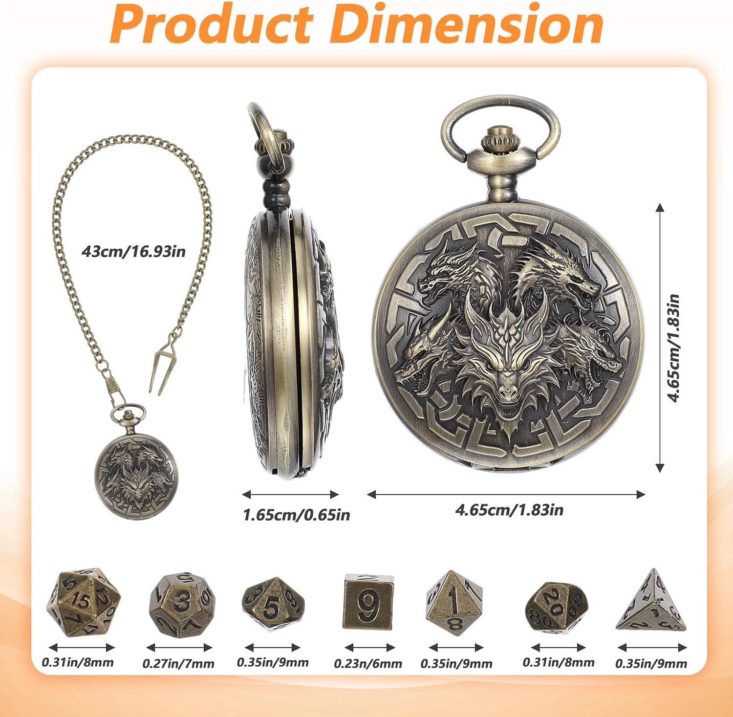 DND Dice Set, 8Pcs Polyhedral Metal Dice Set for Dungeons and Dragons with Pocket Watch Case, Mini DND Dices, Antique Gold image 2