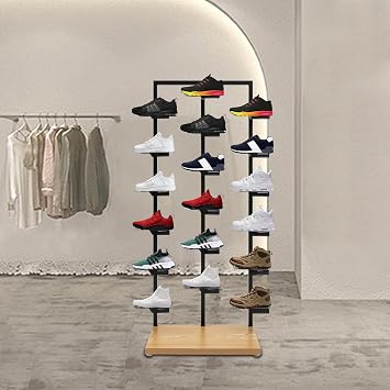 Commercial Clothing Store Shoe Rack,Retail Boutique Shoe Display Shelf, Shoe Organizer Stand Metal Sneaker Shelf Shoe Display Stand for Home Store Black, Wood