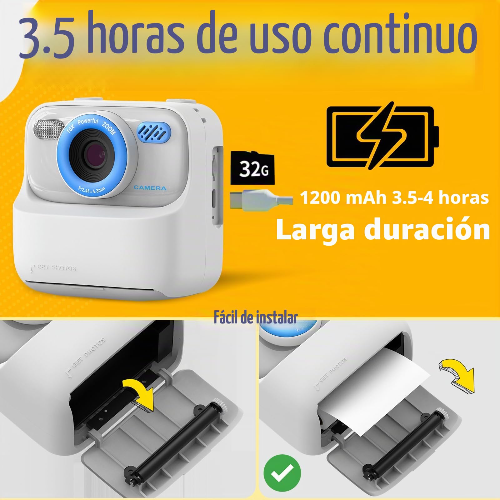 Camara Fotos Infantil Instantanea, 2.4'' HD 1080P Cámara de Fotos Instantánea para Niños con Tarjeta de 32 GB y 3 Rollos de Papel de Impresión, Regalo para Niños y Niñas de 3 a 14 Años, Blanco