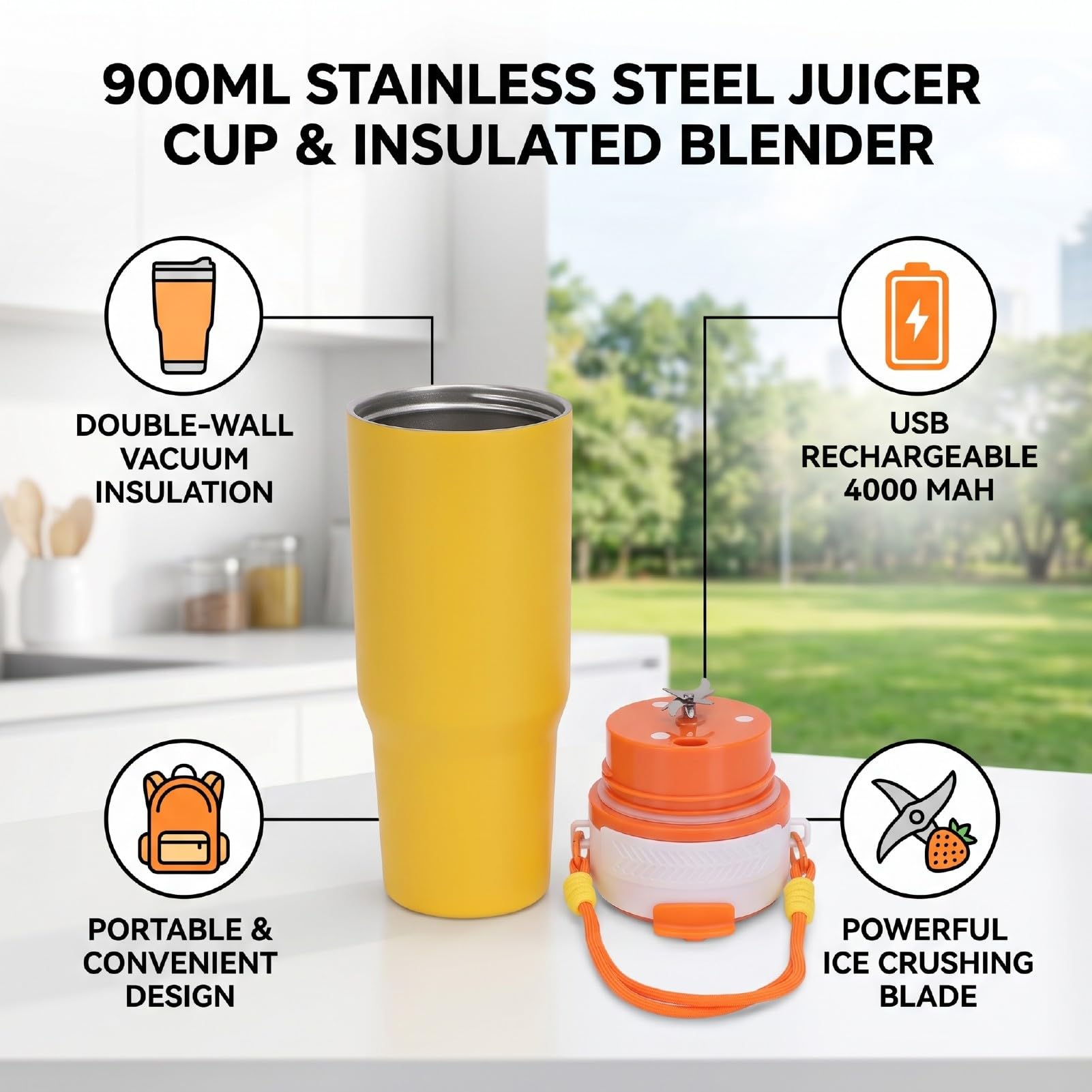 Kabelloser Mixerbecher aus Edelstahl, 900 Ml, Isolierter Reisebecher, USB Wiederaufladbar, 4000 MAh, Persönlicher Smoothie-Maker Zum Zerkleinern von Eis, Heiße Kalte Getränke für
