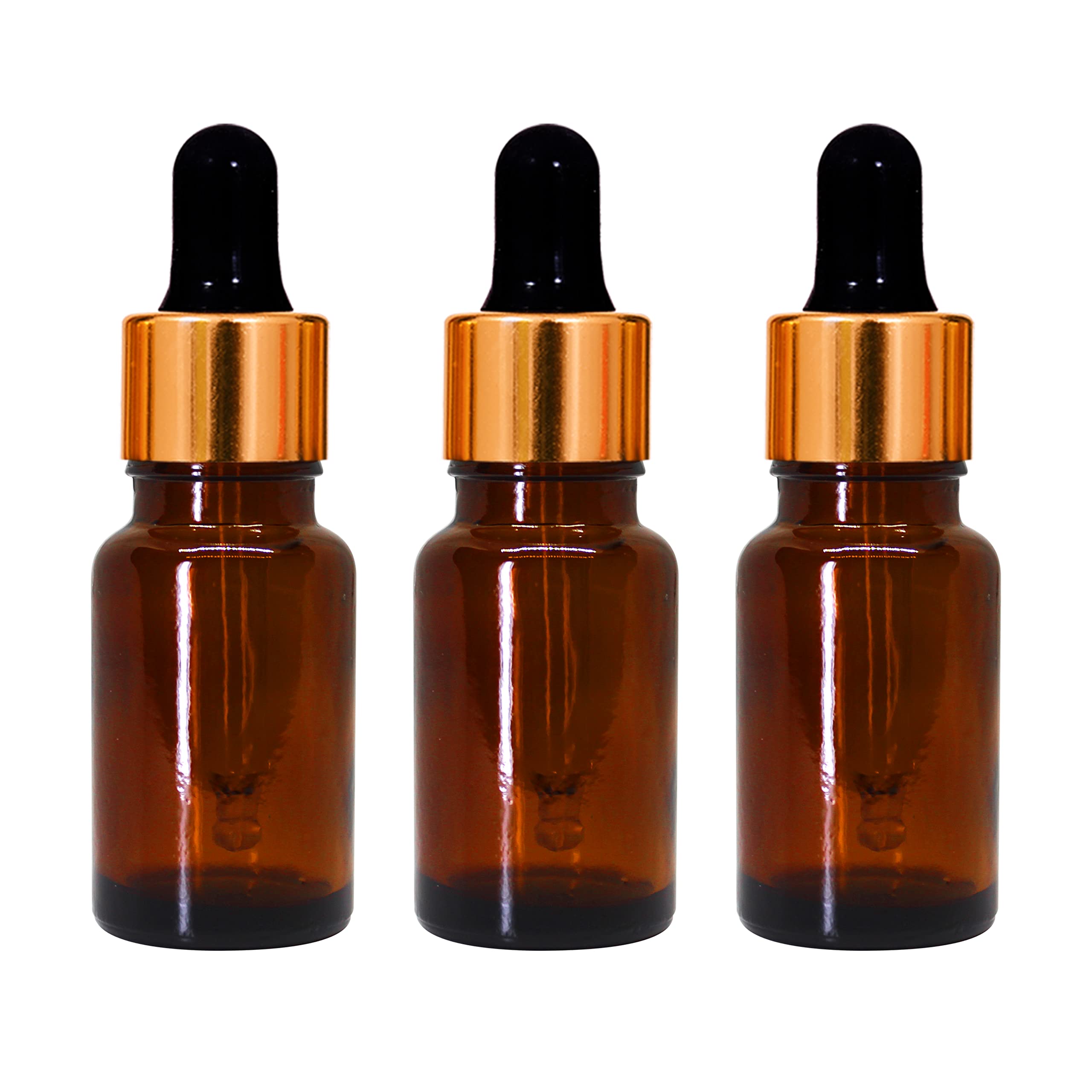 nsb herbals 10 ML Amber Round Empty Glass Bottle + Glass Dropper + Gold Ring + Silcon Black Teat, Refillable, Leak Proof For Essential Oils, DIY Perfumes (Pack of 3)