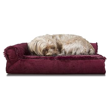 FurHaven Pet Dog Bed | Deluxe Memory Foam Chaise Plush & Velvet L-Shaped Lounge Sofa Pet Bed for Dogs & Cats, Merlot Red, Small