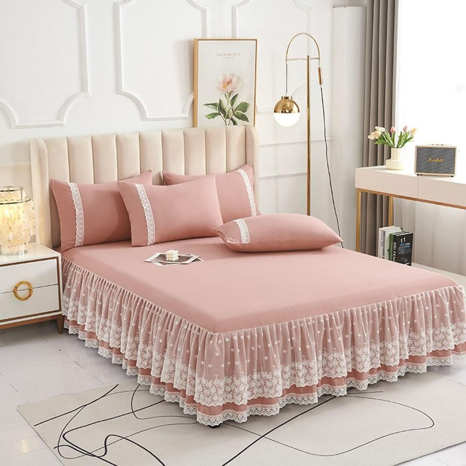 Spódnica na łóżko z falbanką z włókna bambusowego – jednolity pudrowy róż 120 x 200 cm elastyczna do grubego materaca koronkowa falbanka design idealna na pojedyncze łóżka elegancka dekoracja pościeli