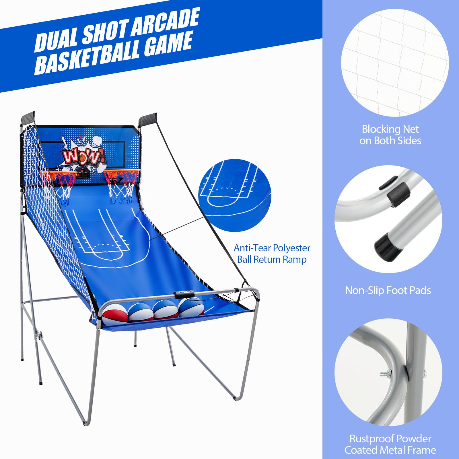 LIFEZEAL Elektrischer Basketballautomat, Baskeltballständer klappbar mit 4 Bällen & Luftpumpe, Arcade Automat mit 8 Spielmodi, Basketball Automat für 2 Spieler, Sport für drinnen & draußen (Blau)