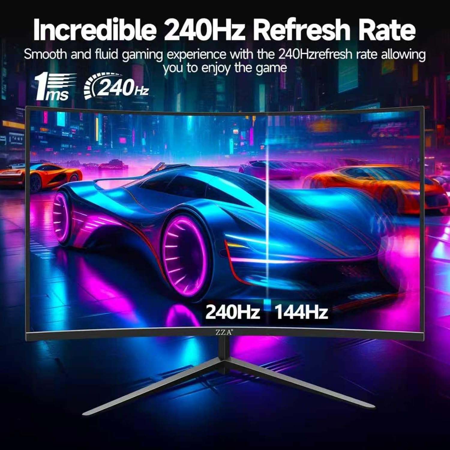 ZZA monitor displaying a vibrant game scene with visual effect metrics