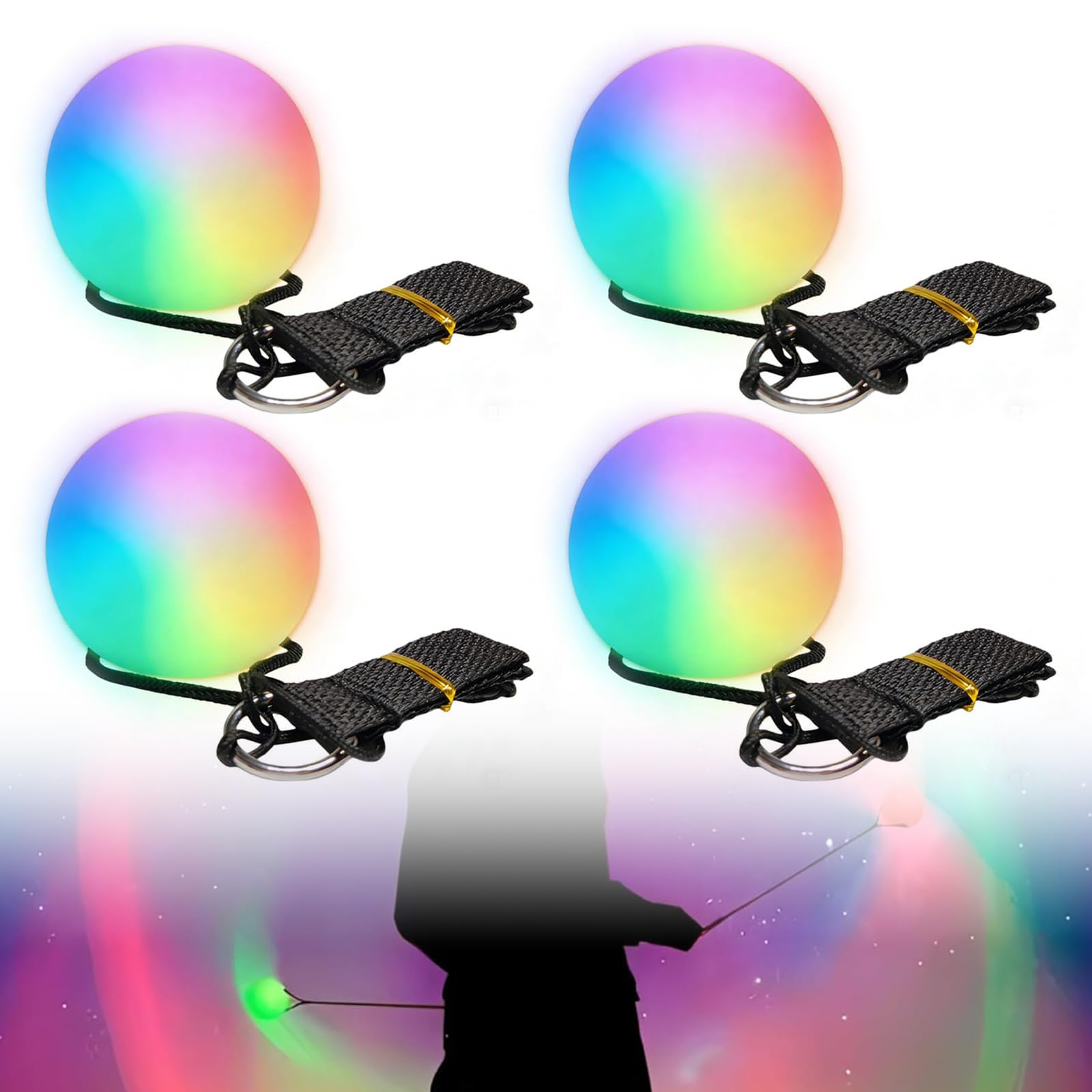 PORFOYO Set di 4 palline a LED Poi Glow, palline in PVC Poi, palline LED Glow Poi con colori arcobaleno e effetto stroboscopico, poi giocoliere luminose, per danza, spettacolo di luci, rave