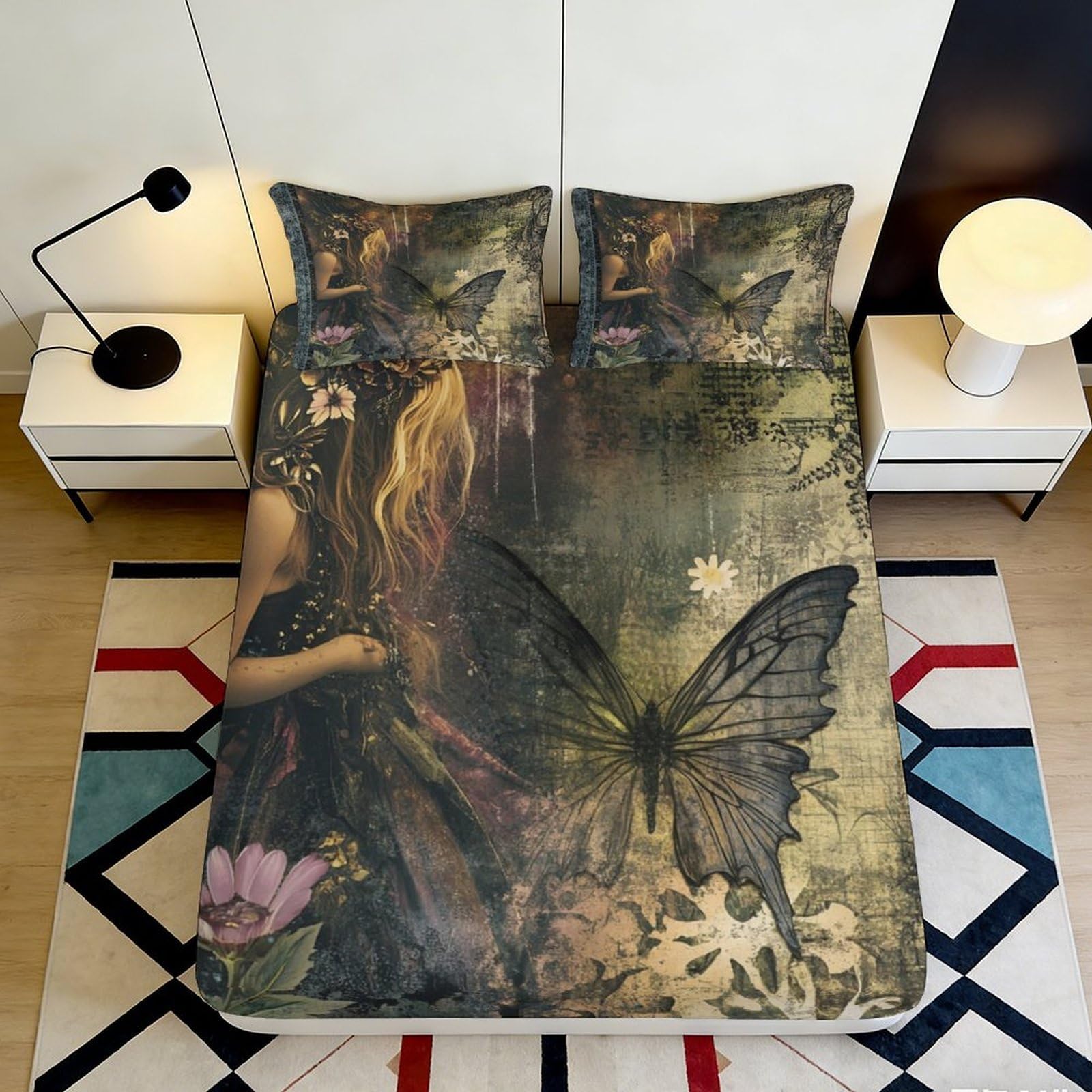 3D Printed Fantasy Fairy Fitted Sheet Microfiber Soft Butterfly Bed Cover for Bedroom Guest Room Decor Protection 90x200x25cm