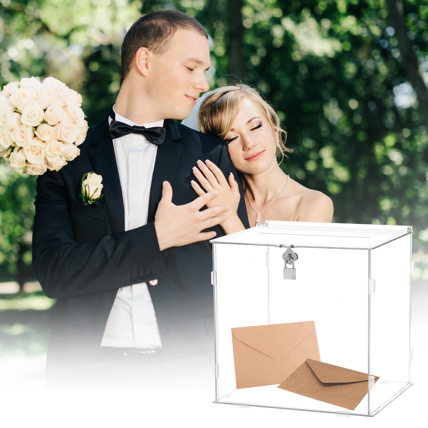 Qwork Clear Qwork® Acrylic Wedding Card Box - 25.5X21x25 Cm - Gift Box Envelope Box With Lock And Slot For Wedding Reception, Anniversary, Graduation Decorations