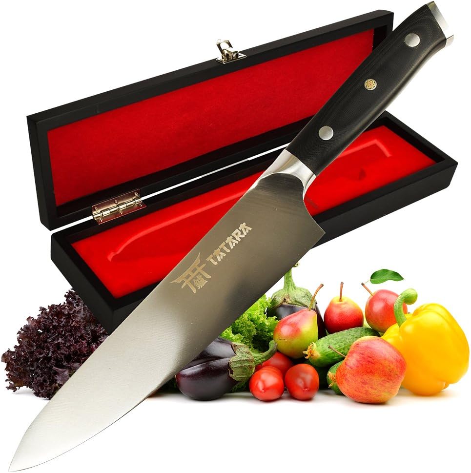 AODENER TATARA | 8 inch Chef Knife - Professional Carbon Stainless Steel Kitchen Chef Knife Razor Sharp Full Tang Kitchen Knife | Perfect for Sushi, Vegetables, Meat Cutting | Comes with Wooden Case