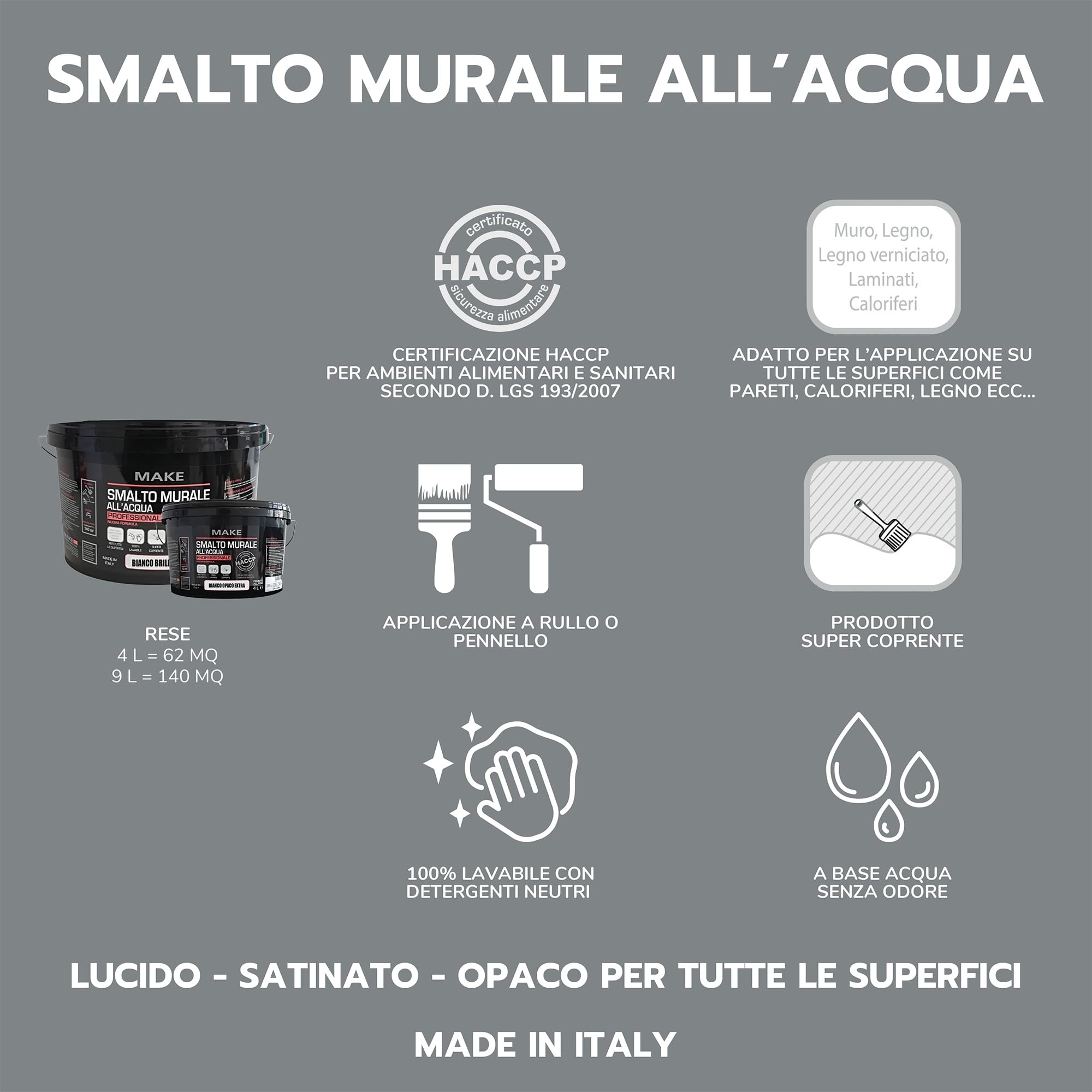 MAKE DESIGN FOR YOU | Smalto Murale Super Resistente, 9 litri, Bianco Lucido, Base Acqua. Crea una Superficie Compatta, Priva di Porosità e Anti-Polvere. Prodotto Certificato HACCP, Made in Italy.