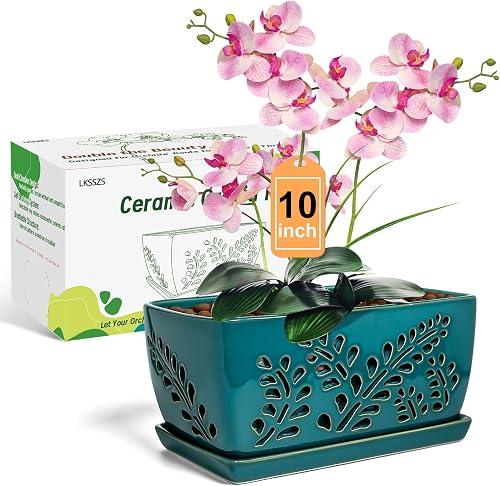 Ceramic Orchid Pot, 10 Inch Orchid Pots with Holes, Premium Thickened Handmade Glazed Pot for Orchidaceae Plants, Indoor Outdoor Decorative Flower Pots for Easy Repotting