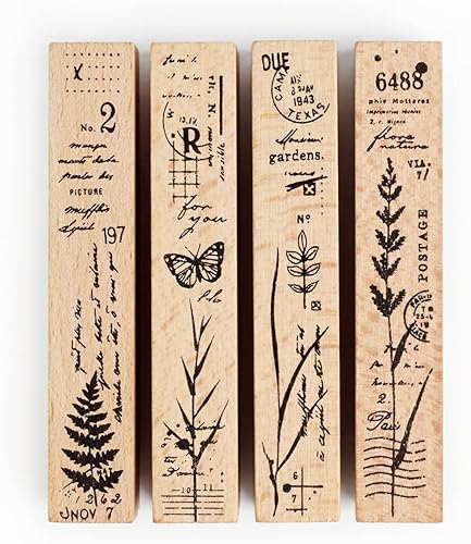 Wintertime Crafts - Sellos de goma de madera con collage delgado, juego de 4 unidades, hermosos jardines vintage para plantas y flores
