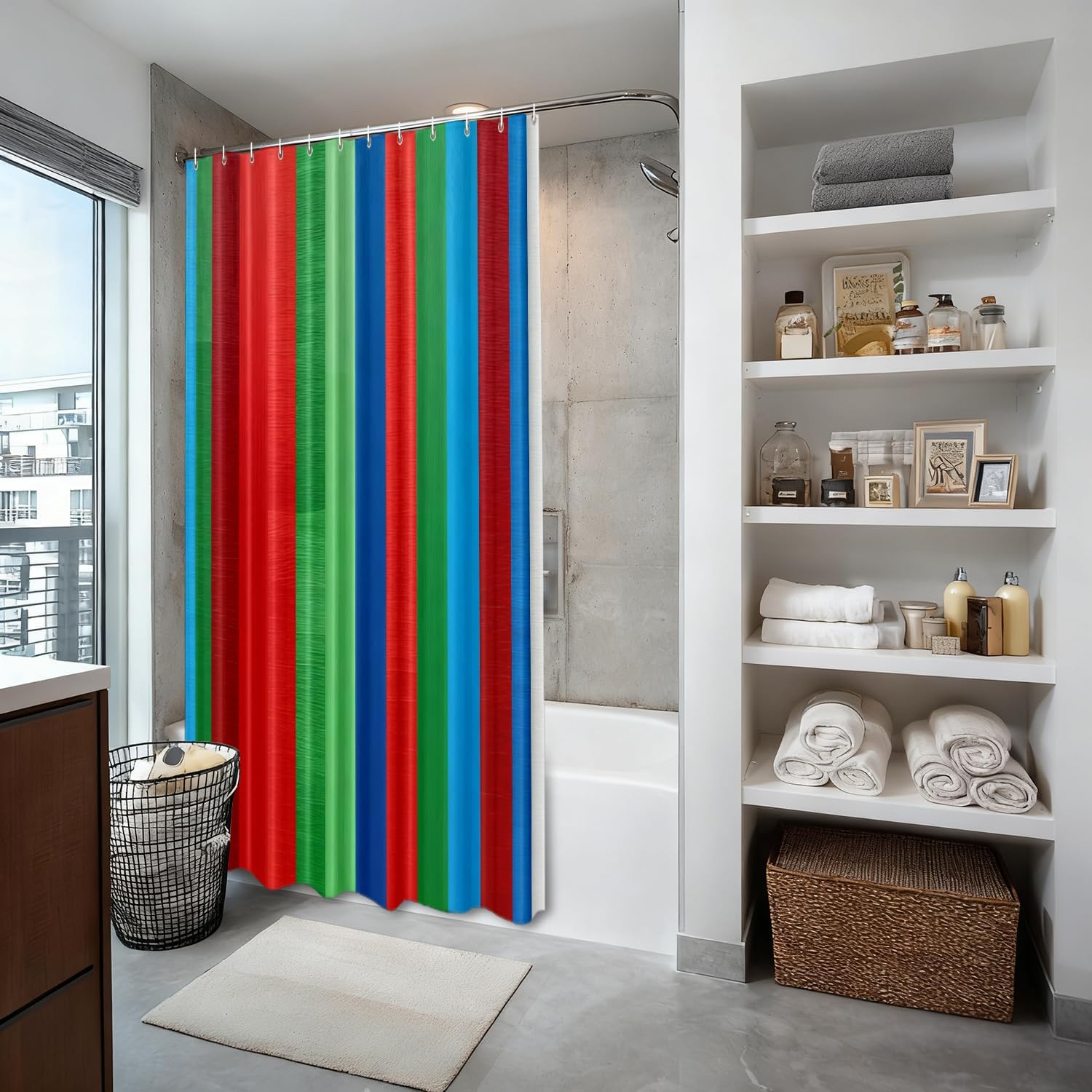 Shrahala Red Retro Striped Decorative Shower Curtain, Blue Aztec Rainbow Bathroom Décor Polyester Fiber Waterproof with Plastic Rings for Shower Stall Bathtubs 72 x 72 in