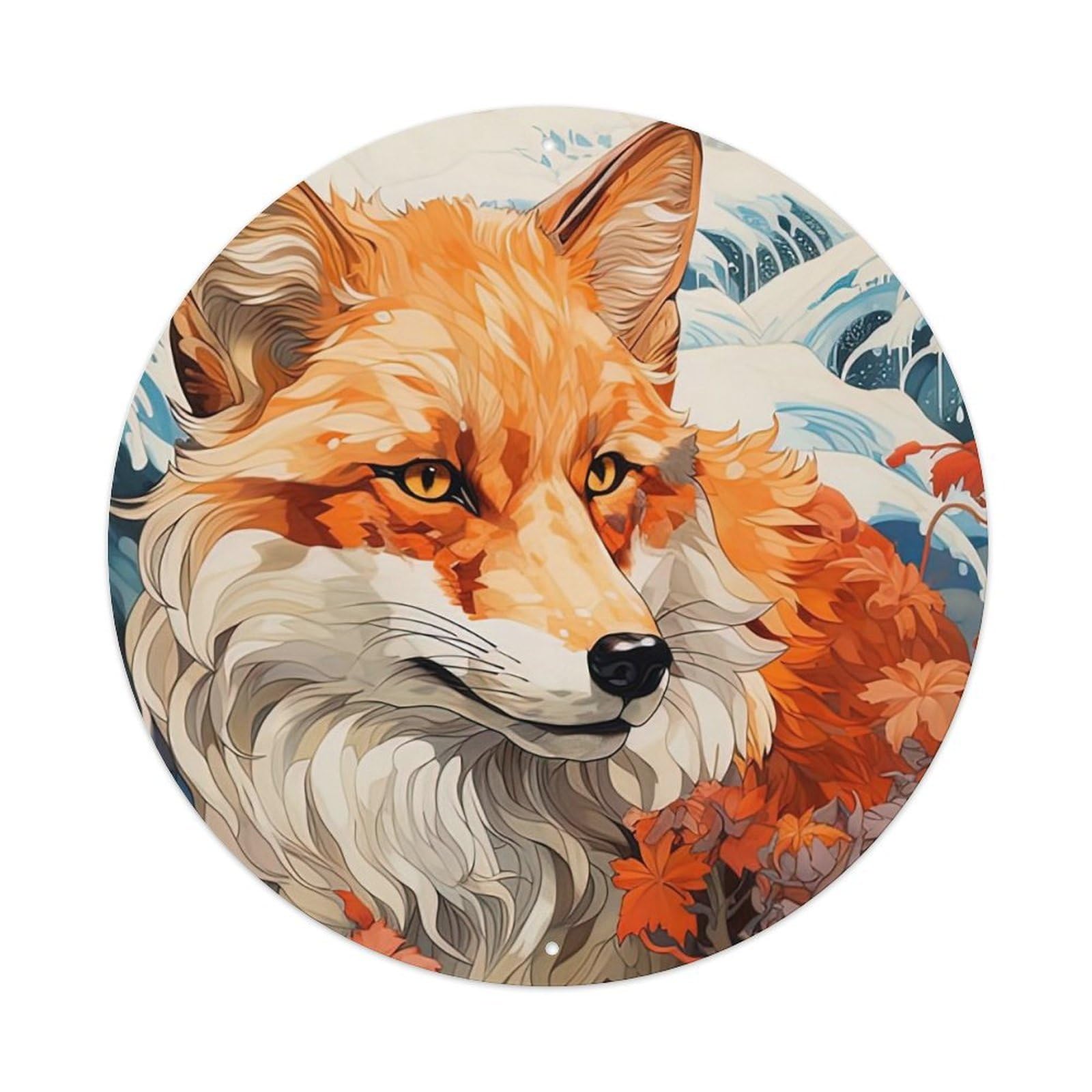 Animal Art Pretty Fox Vintage Metal Tin Sign Plaque Wall Decor for Cafe, Club, Garden Round Metal Poster 8x8Inch