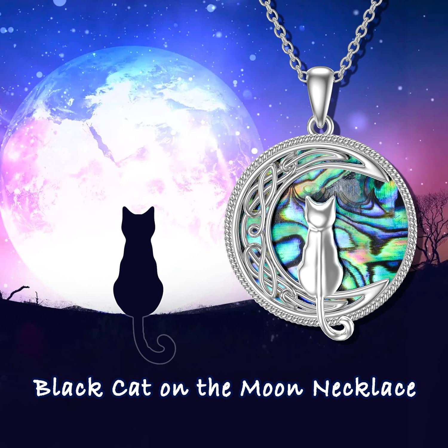 TOUPOP Cat Necklace Sterling Silver Abalone Shell Celtic Cat on the Moon with Abalone Shell Birthday Christmas Jewelry Gifts for Women - Image 3