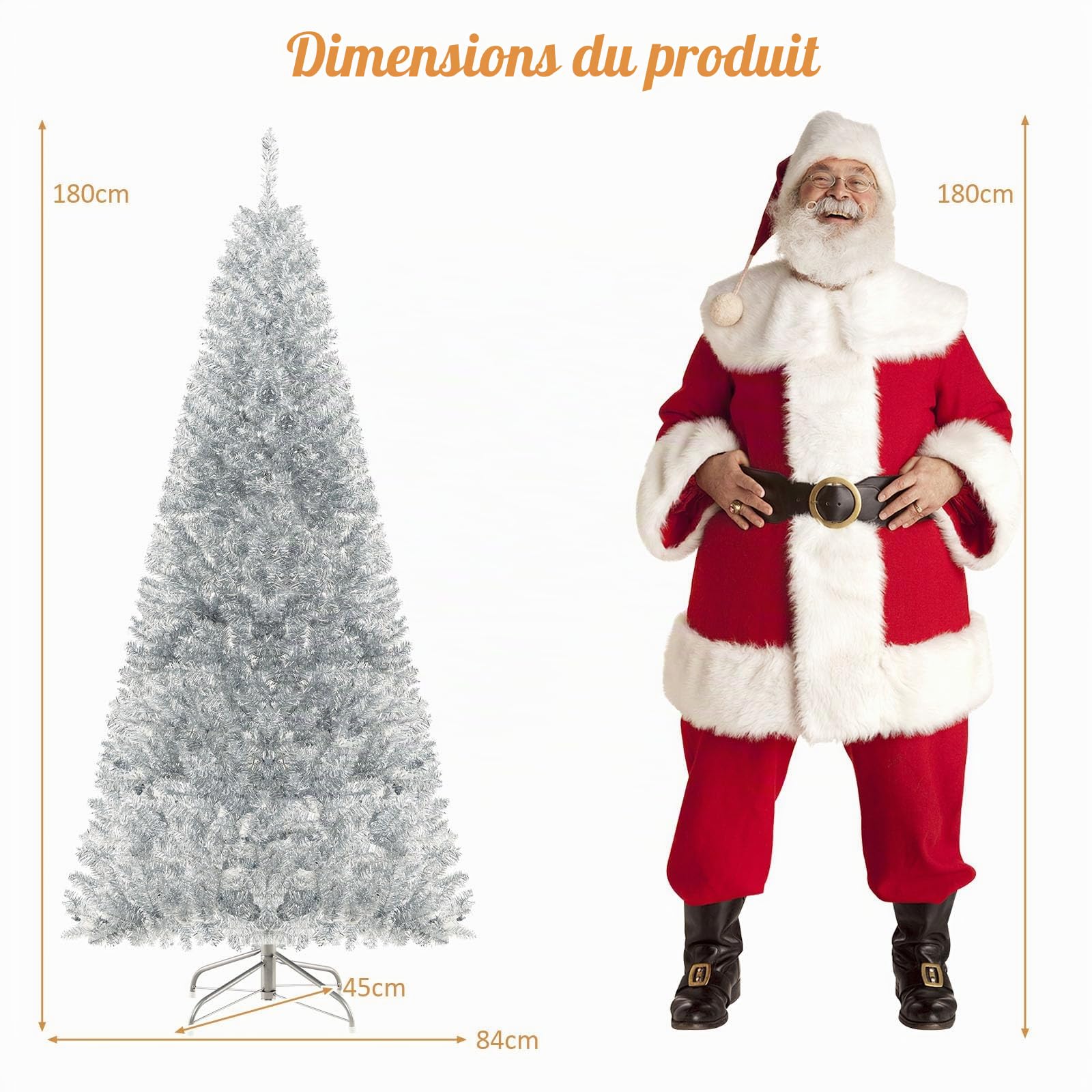 LIFEZEAL Sapin de Noël Crayon LED Argent Élancé 180cm | Arbre de Noël artificiel réaliste avec 300 lumières LED et 790 branches
