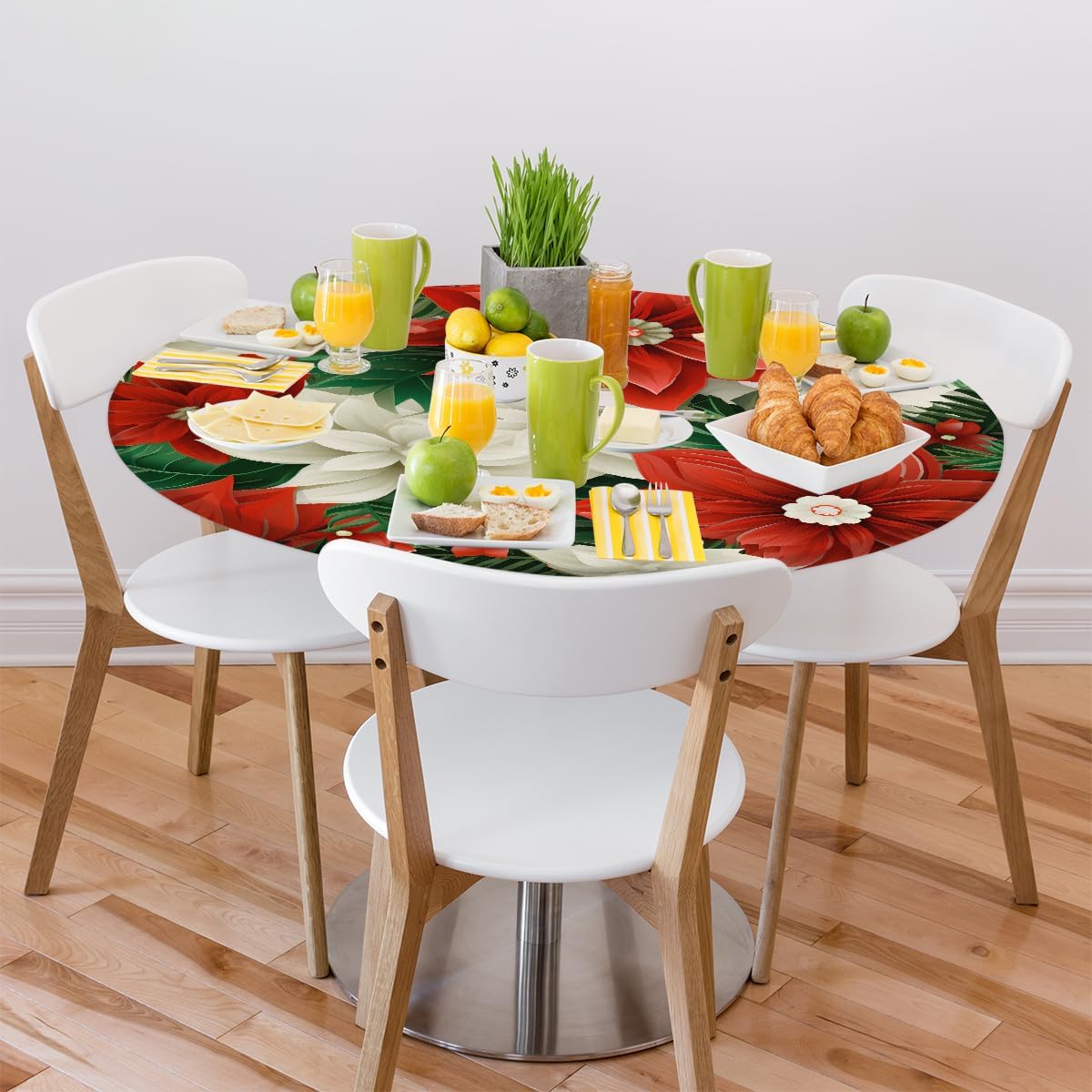 Leaves Christmas Flower Round Fitted Tablecloth with Elastic Outdoor Tablecloths Tables Waterproof Stain-Resistant Wipeable Table Cover for Kitchen Patio Picnic,Camping,Dinner 45-50inchC-18