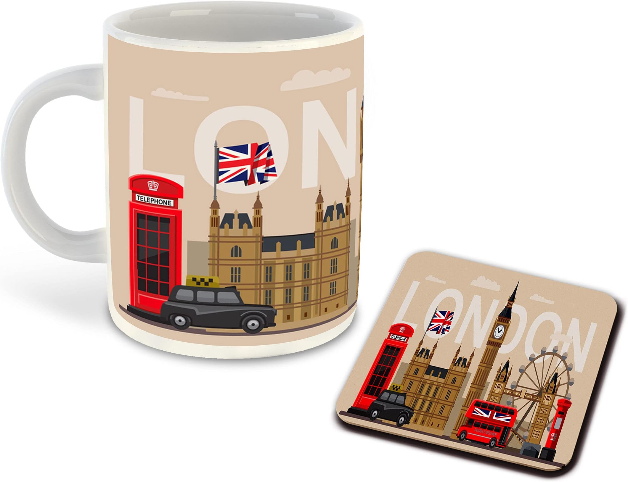 - WHATS YOUR KICK® London Clipart Inspired Ceramic White Inner Color Printed Ceramic Coffee Mug with Coaster (London, Big Ben, London City) Design-11
