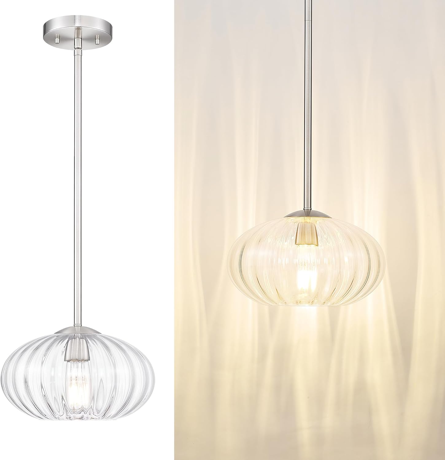 FEMILA 10.3" Modern Pumpkin Glass Pendant Lights Kitchen Island, Brushed Nickel Antique Chandelier, Hanging Light Fixture for Bedroom Hotel Living Room, 4FYD85MIL BN