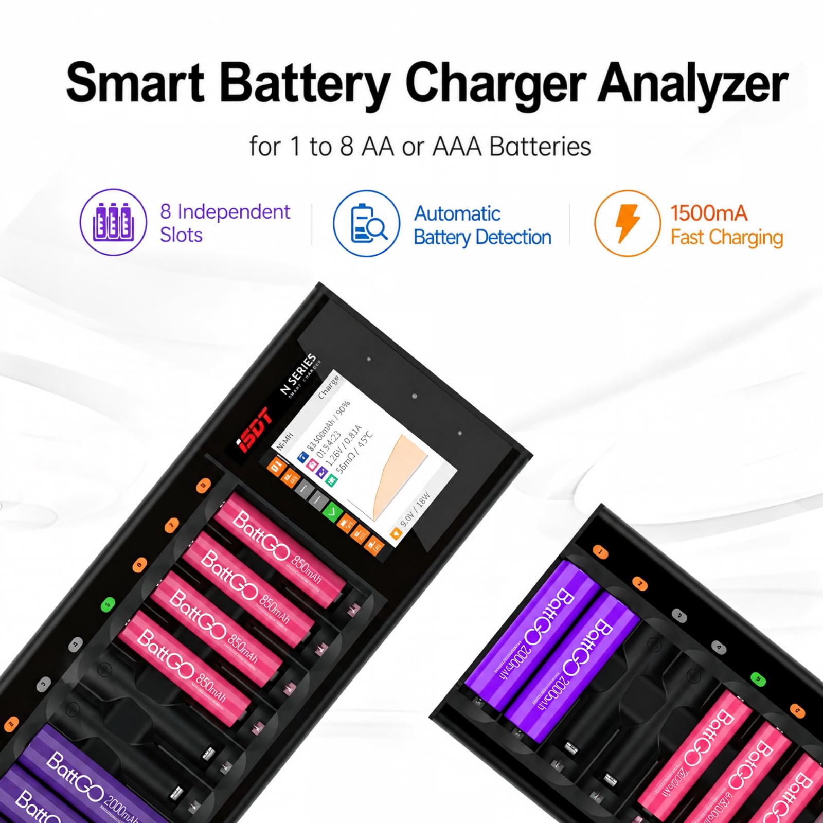 ISDT Cargador de batería inteligente N8, identificación automática del tipo de batería, compatible con baterías cilíndricas AA/AAA Li-Ion/LiHv/LiFe/NiMH/NiCd/NiZn, interfaz de operación multifunción