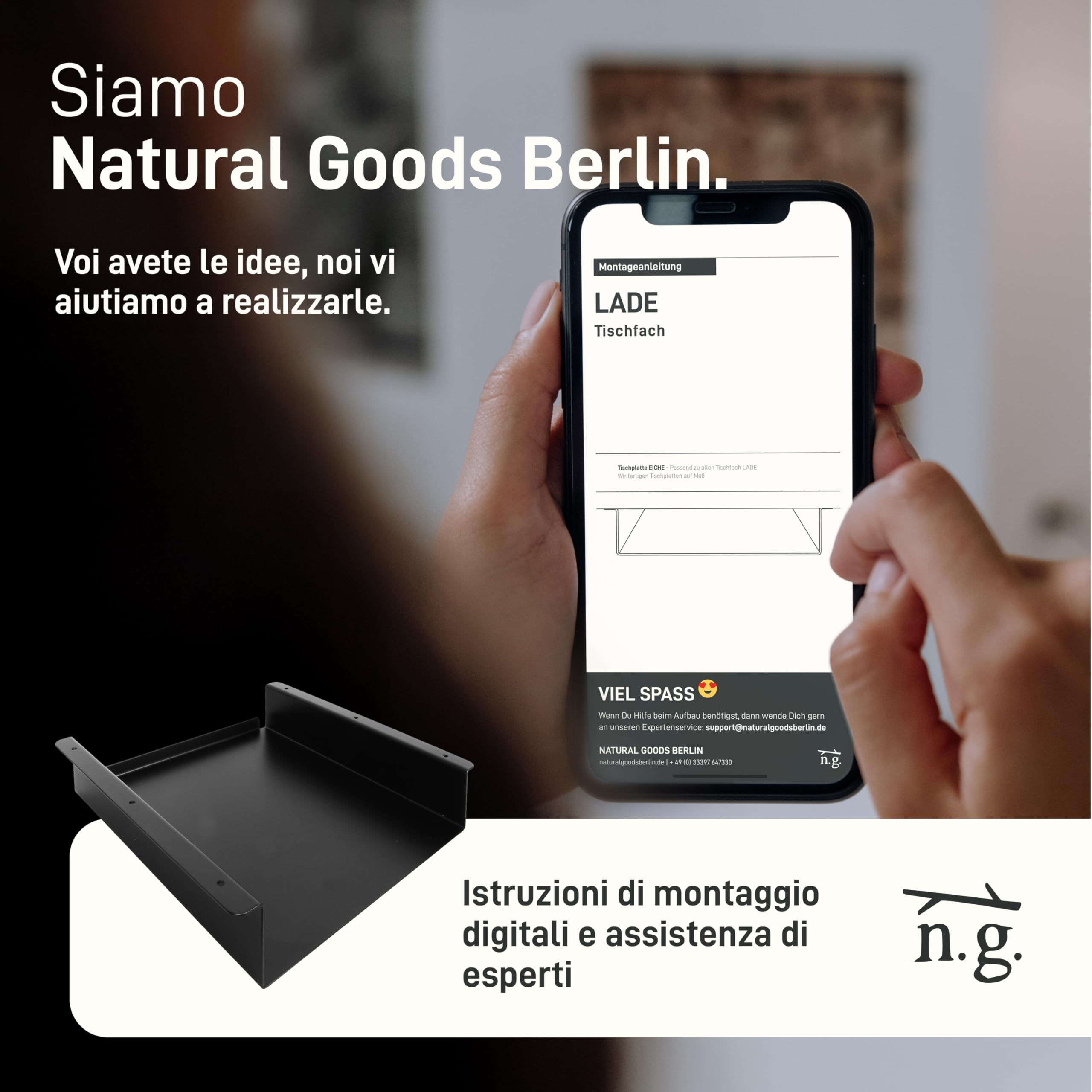 Natural Goods Berlin 1 scomparto da tavolo per scrivania, cassetto sottostruttura, organizer da appendere, in metallo (300 mm, nero)