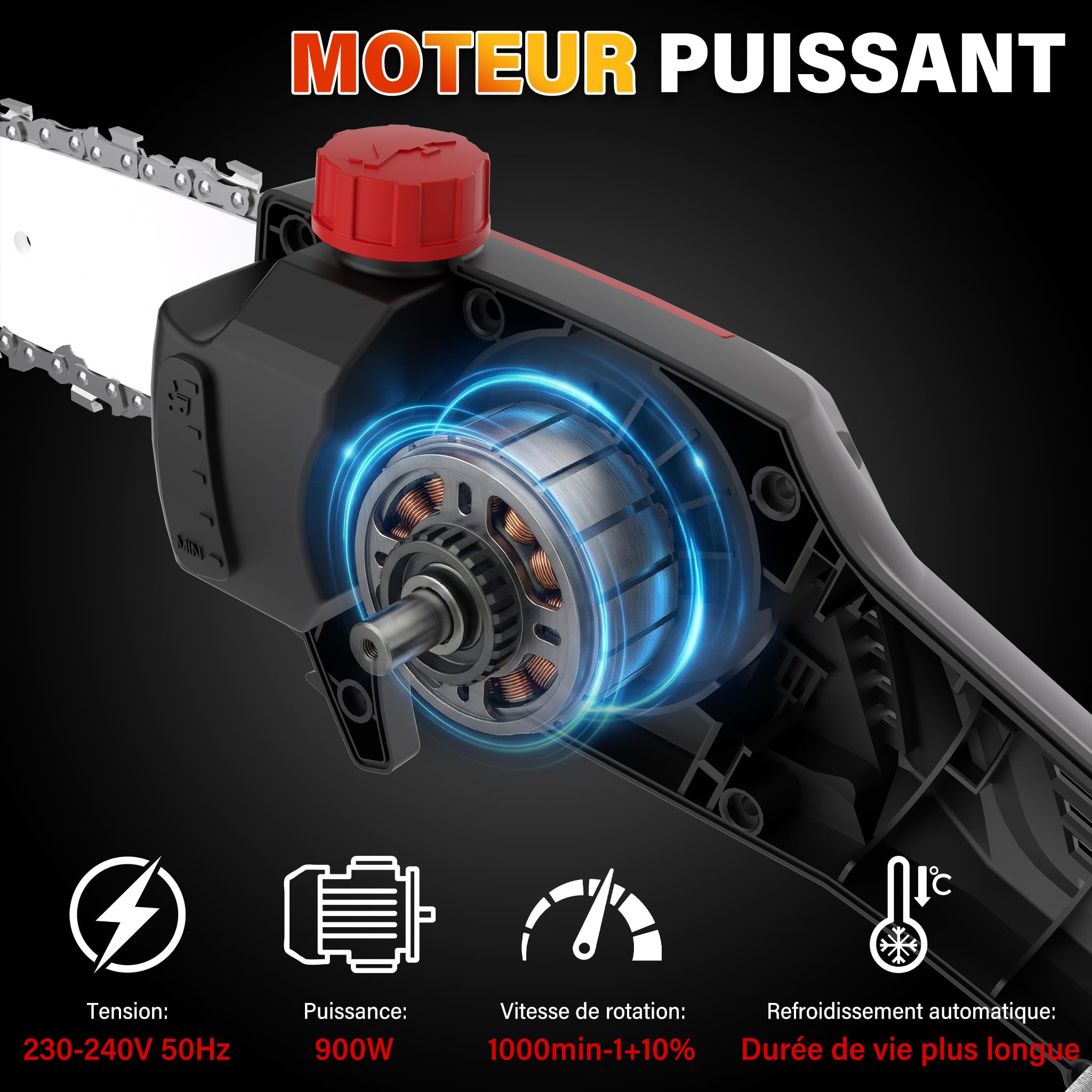 2-en-1 Tronconneuse avec Perche et Taille Haie Télescopique sans Fil TEENO,Poignée Principale Orientable,Tête Inclinable,Bandoulière Incluse(1 Batterie 20 V 4.0 Ah, Chargeur)