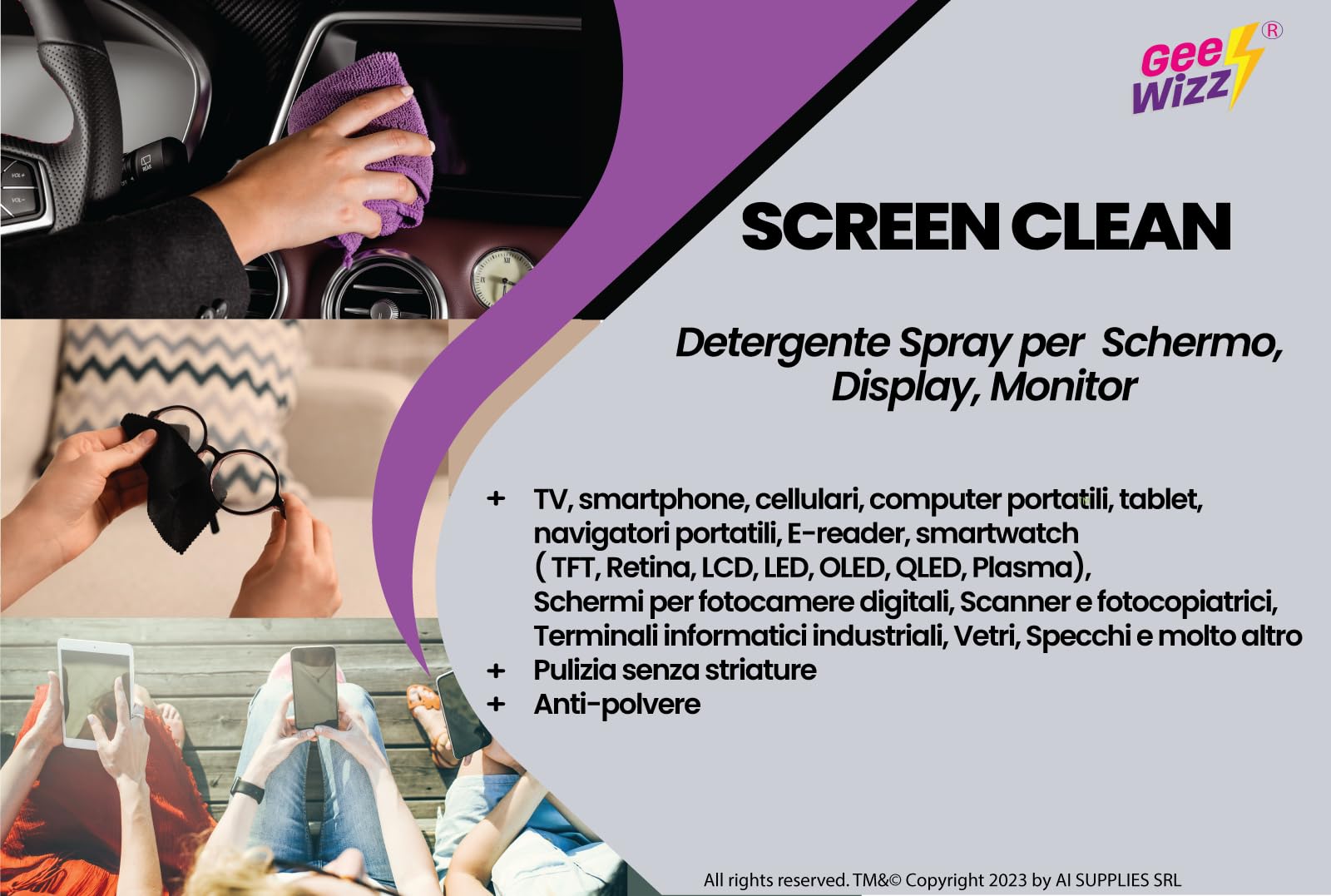 Gee-Wizz Screen Clean - Kit 250 ml Spray Pulisci Schermo con Panno Microfibra - Detergente Per Tutti Tipi di Schermo, Display, Monitor di Tutti i Dispositivi. Senza striature e Anti-Polvere