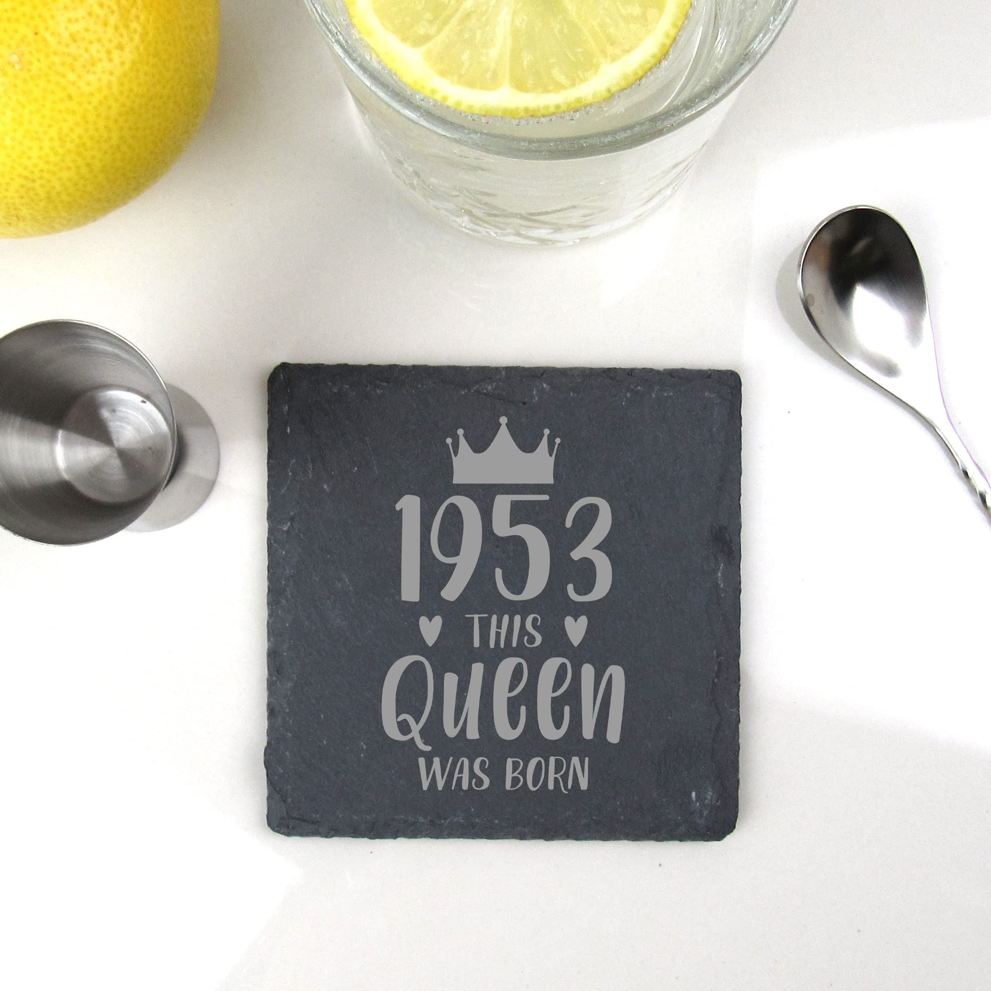 eBuyGB Engraved Square Slate Coaster -1953 This Queen was Born Design - 50th Birthday Gifts for Women, Her - Fiftieth Birthday Gift for Mum, Grandma - Drinks Mat, Placemat