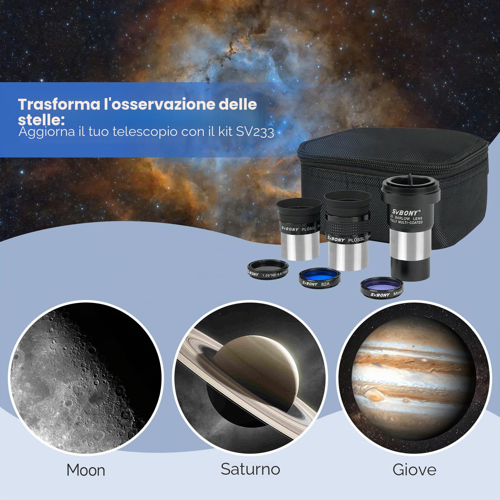 Svbony SV233 Oculare Telescopio Astronomico Kit, Oculare PLOSSL da 6 mm, 17 mm, 2 Lenti di Barlow, Filtro Lunare, Filtro ND4, Filtro Colorato 82A, con Borsa Portatile, per Pianeti Visivi Astronomici