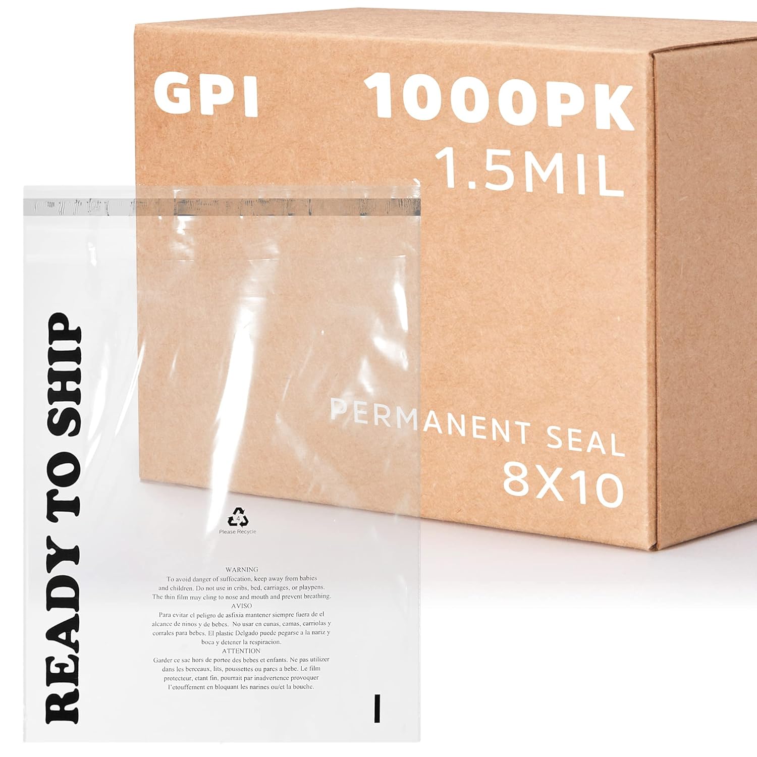 GPI - CASE of 1000 8" x 10", Clear SELF Seal Poly Bags - 1.5 mil Polybags with Permanent Adhesive Strip & Suffocation Warning for Packaging T Shirts & Clothing. Perfect for Shipping Supplies with FBA