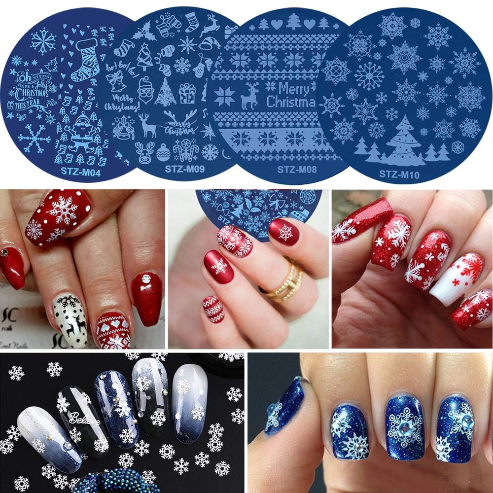 EBANKU 10 Pezzi Set di Nail Art Stamping Stampini, Nail Art Template Stencil Kit Fiocco di Neve Piatti per Timbri per Unghie per Donna Ragazze Decorazione Unghie Natalizie (A)