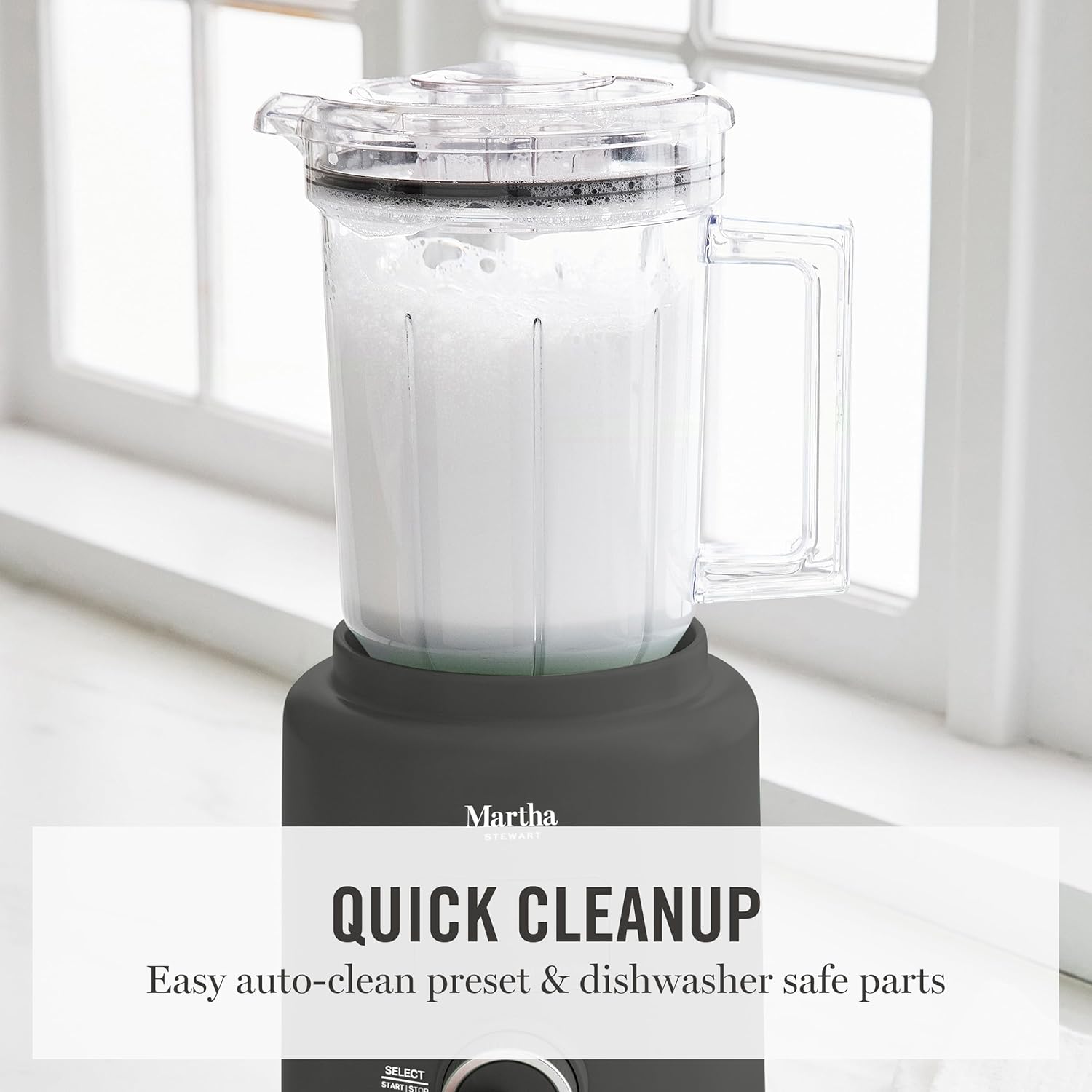 Martha Stewart 50oz Countertop Blender, Smoothie, Margarita & Ice Crushing Blender, BPA-Free Pitcher, 3 Speeds, 5 Presets, Auto-Clean Function, Dishwasher Safe, Stainless Steel Blades, Caviar Gray