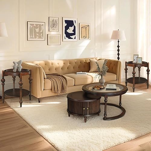 Miniatura 8 de LKTART Mesa auxiliar anidable para sala de estar, mesas auxiliares redondas con marco de madera maciza con almacenamiento, mesa central retro para