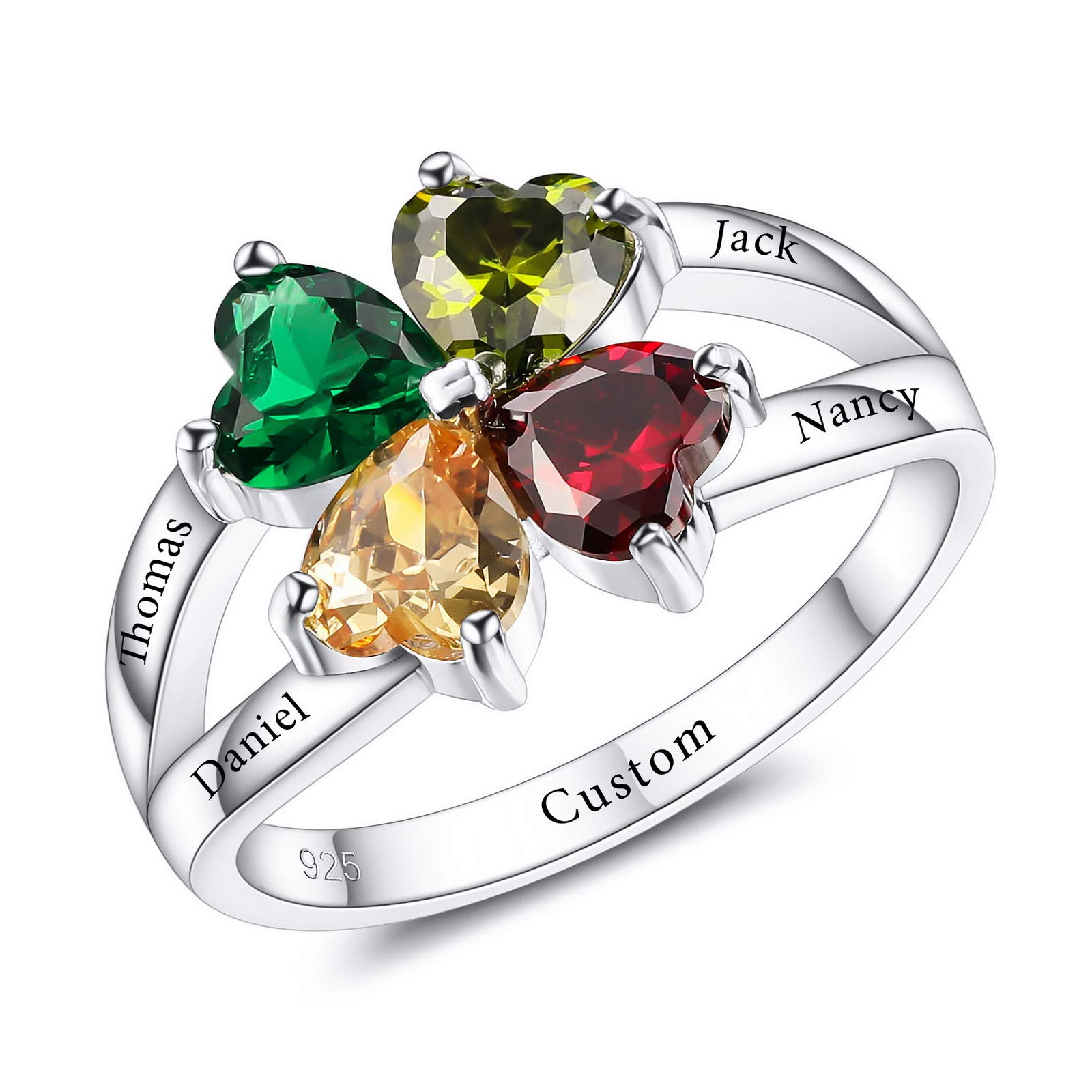 VIBOOS Personalized 925 Sterling Silver Promise Ring Engraving 2/3/4 Names Rings Custom Text with Birthstones for Women Engagement Wedding Set BBF