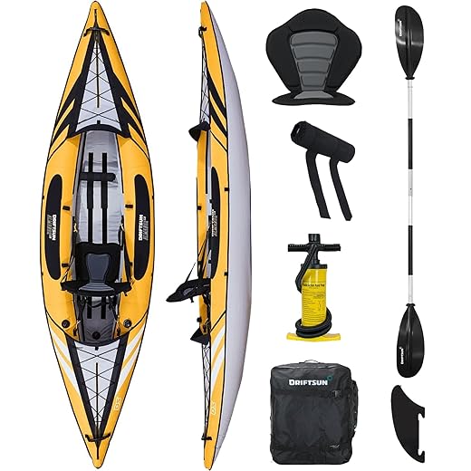 Driftsun Almanor 146 Two Adult Plus one Child Inflatable Recreational Touring Kayak with EVA Padded Seats with High Back Support, Includes Paddles, Pump, Child Seat