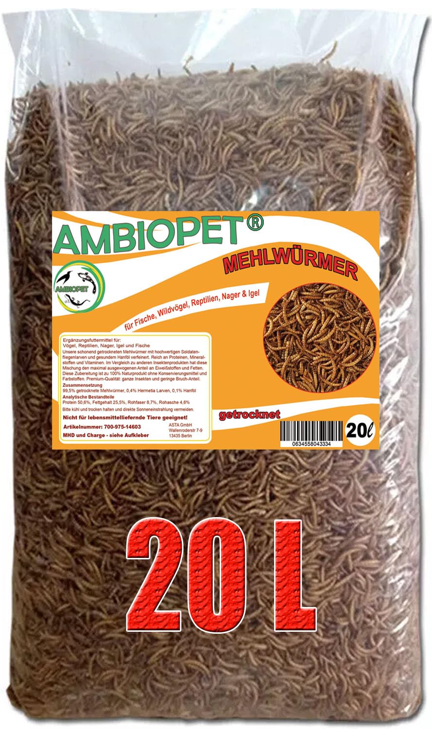 getrocknete Mehlwürmer in 20L Abpackung, Protein- und fettreich, verfeinert und gesiebt, für Fische, Nager, Vögel, Reptilien, auch Koifutter oder Igelfutter