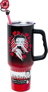 Silver Buffalo Betty Boop Core 귀여운 앉는 포즈 하트와 도트 스테인리스 스틸 텀블러, 빨대 커버 캡, 뚜껑, 빨대 및 손잡이 포함 - 1.2L(40온스)