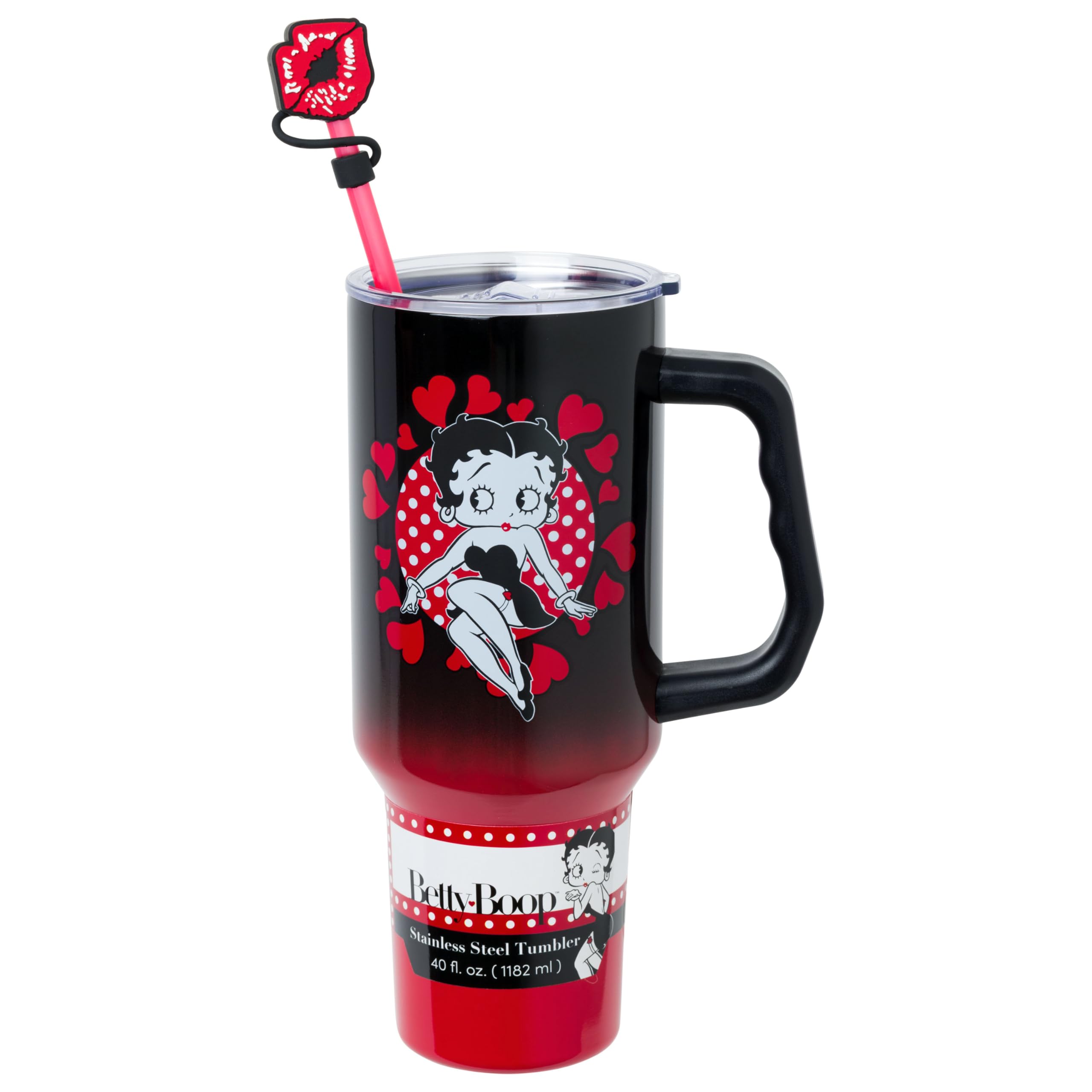 Silver Buffalo Betty Boop Core Cute Sitting Pose Hearts and Dots Stainless Steel Tumbler with Straw Cover Cap, Lid, Straw and Handle - 40 oz