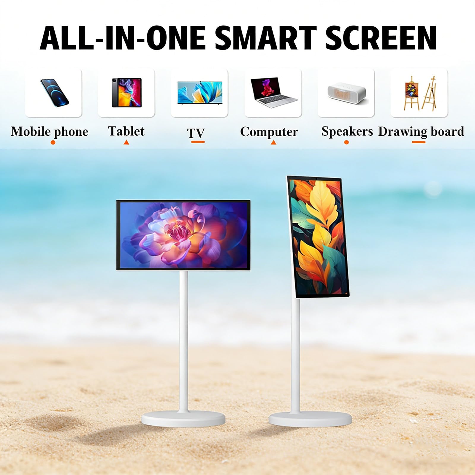 Televisor Inteligente Portátil De 24 Pulgadas con Ruedas, Pantalla Táctil Inalámbrica con Batería Integrada, Soporte Giratorio para Uso En Interiores Y Exteriores. 4+64G